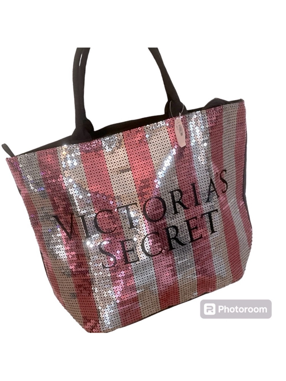 Victoria's Secret Pink and Silver Sequin Stripe Tote